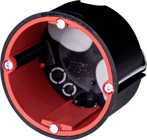 Black electrical flush-mounted socket with a red inner rim and four fixing screws, used for installations in walls.