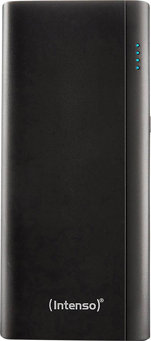 Black power bank by the brand 'Intenso' with blue LED indicators.