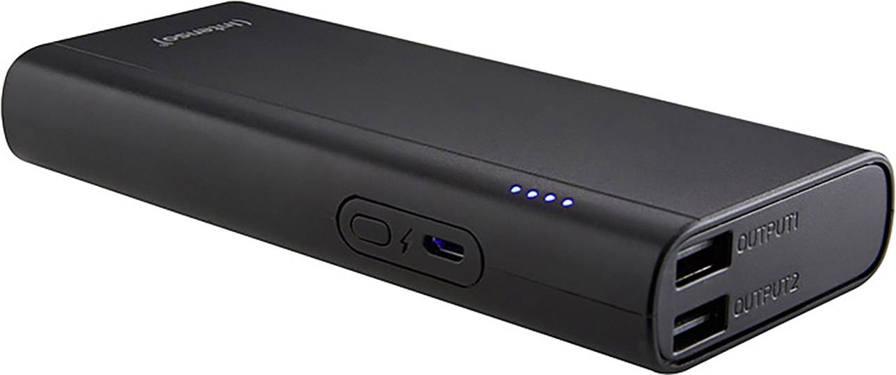 A black power bank with two USB outputs and an LED charge status indicator.