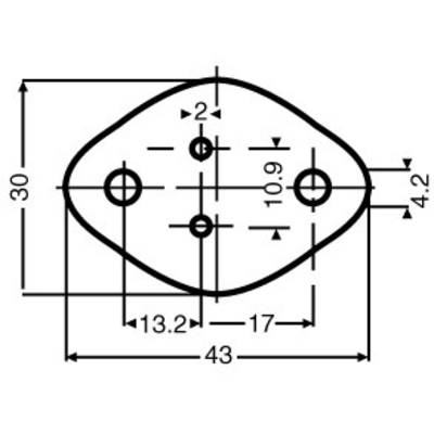Technical drawing of a plate with four holes. Dimensions: 43x30 mm, hole spacing: 13.2 mm and 17 mm.