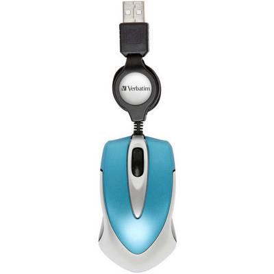 Verbatim computer mouse, blue with USB connection and retractable cable, on a white background.
