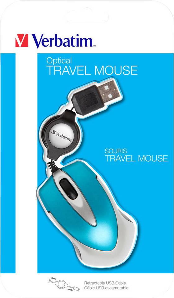 Packaging for a Verbatim optical travel mouse model. Contains a compact, turquoise mouse with a retractable USB cable.