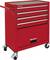 Red workshop trolley with four drawers and one large lower compartment. Two handles and four swivel castors.