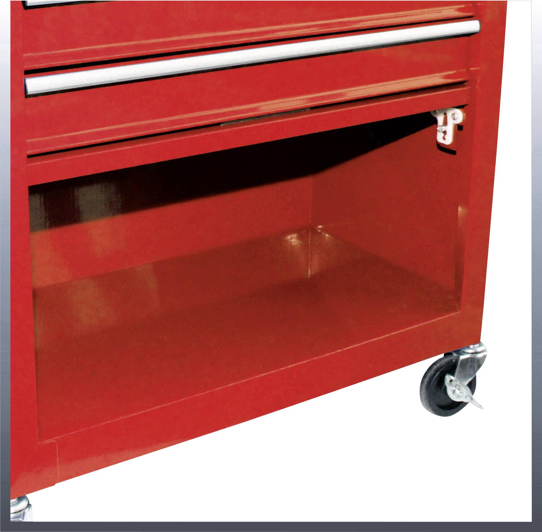 Red tool trolley with wheels, open bottom compartment; suitable for tool storage in workshops or garages.