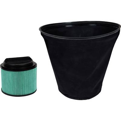 A green air filter and a black vacuum cleaner bag for use in cleaning equipment.