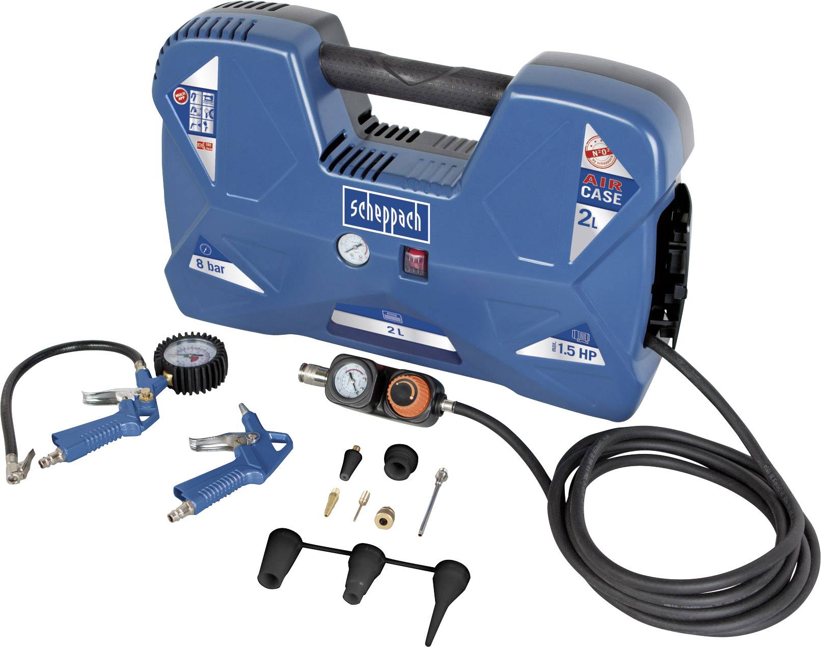 A portable air compressor with accessories: two spray guns, pressure gauge, adapters and valves. Capacity of 2 litres, 1.15 horsepower.