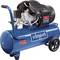 Blue air compressor with 50L tank and 3.0 HP power, 'Scheppach' brand, fitted with handle and wheels for mobility.