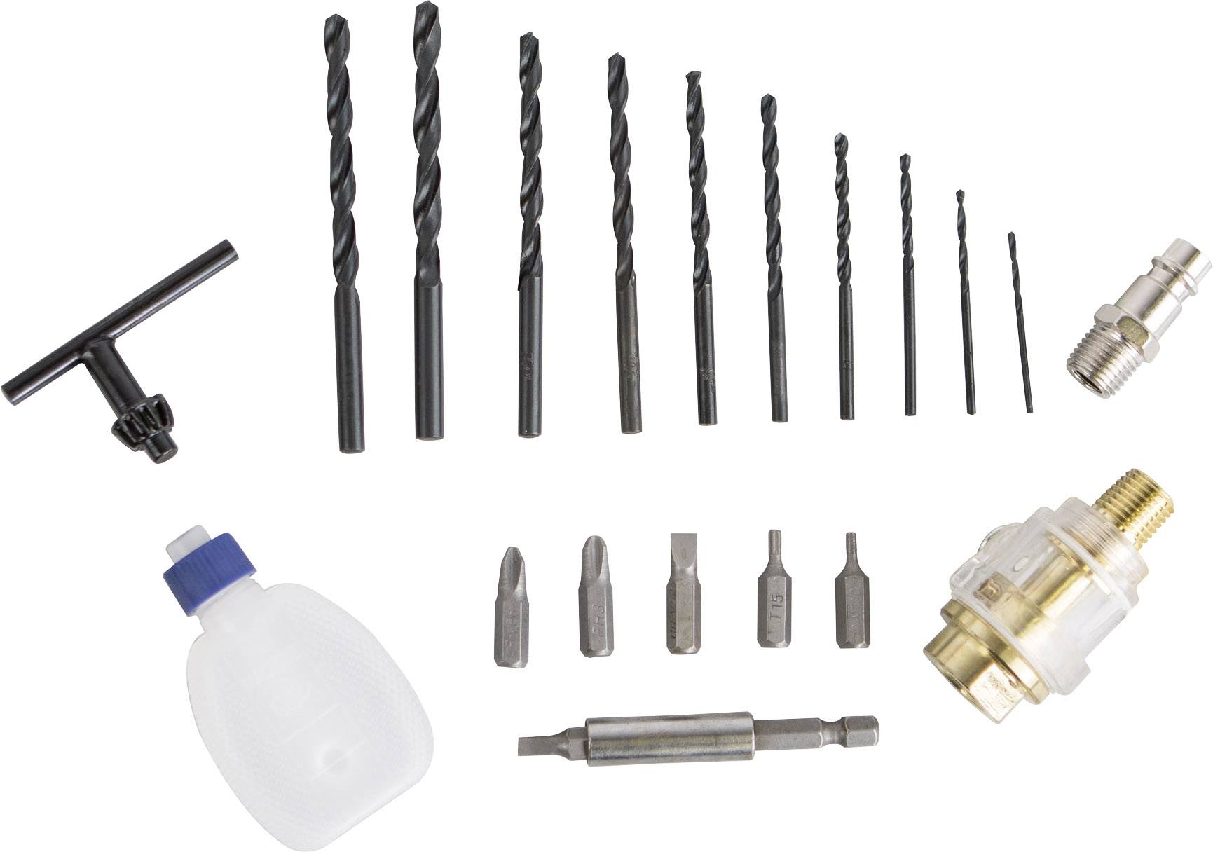 A set of drills and bits in various sizes, together with a bottle container and two special valve attachments.