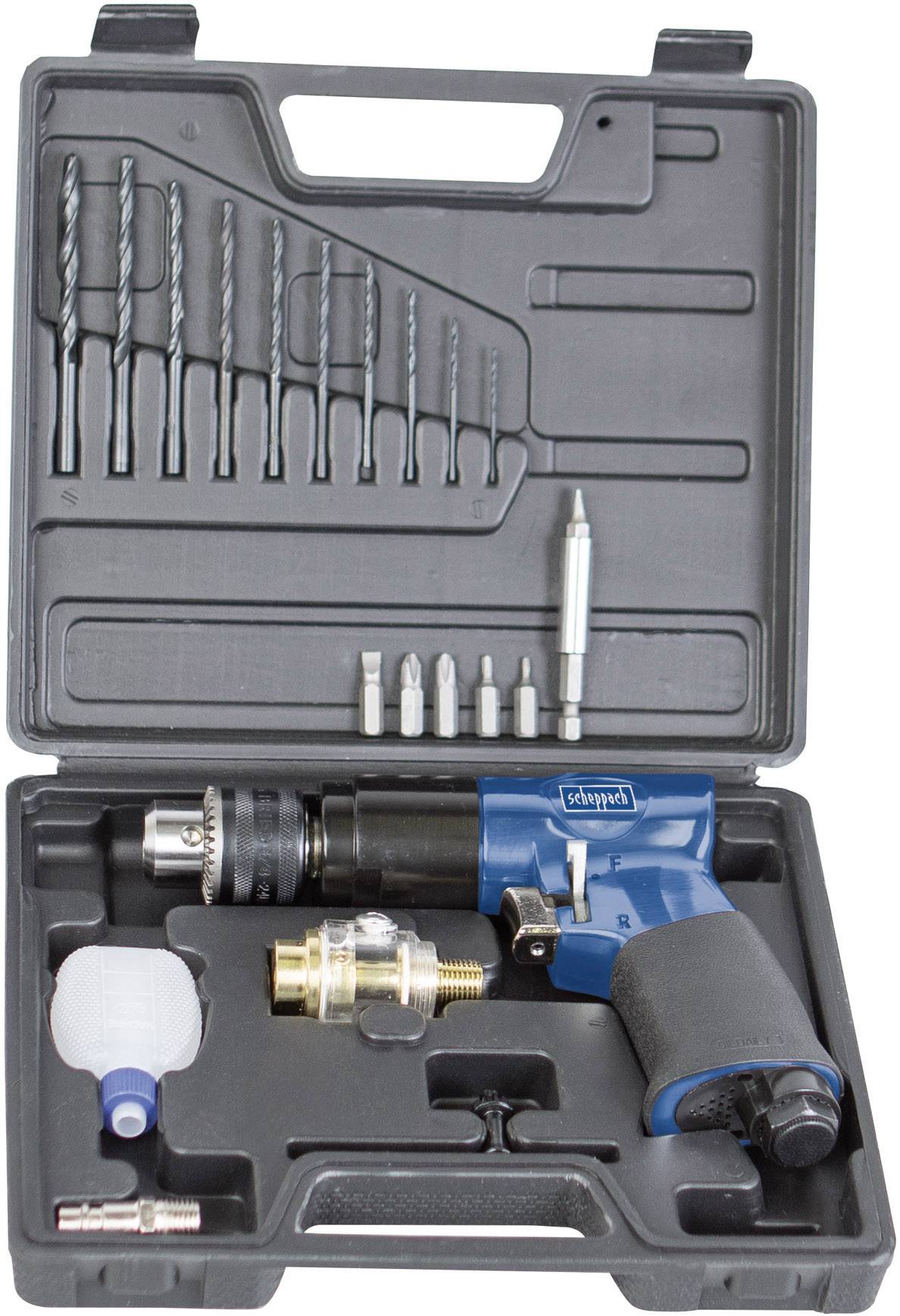 A pneumatic drill set in an open case. Contains various drill bits and accessories. The drill is blue with a black handle.