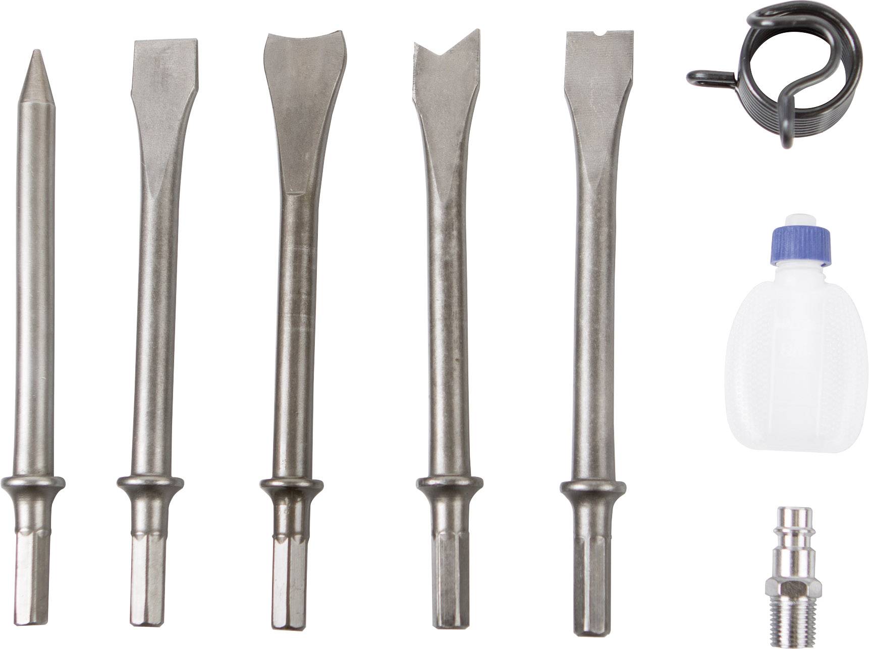 Five chisel attachments in various shapes, a spiral-shaped hook, a small bottle with a blue lid, and a metal adapter.
