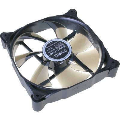 A black computer fan with nine blades and a manufacturer's label in the centre. Designed for cooling electronic components.