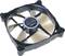 A black computer fan with nine blades and a manufacturer's label in the centre. Designed for cooling electronic components.