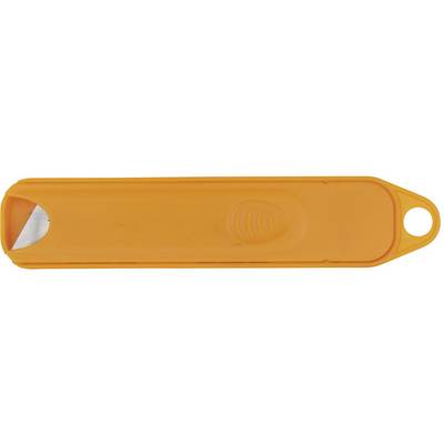 An orange safety letter opener with a small, visible blade and a hole at the end for attachment.