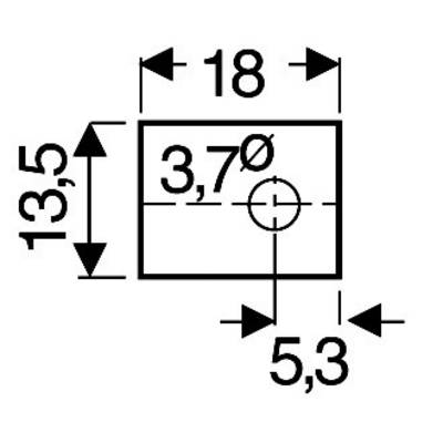 Technical drawing of a rectangular object with dimensions 18 x 13.5 mm and a hole with a diameter of 3.7 mm; distance from the right edge: 5.3 mm.