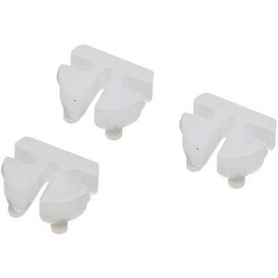 Three white, triangular components with rounded edges and small pins on one side, possibly parts for a technical application.