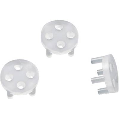 Three white plastic brackets with four holes, distributed across a white surface. They are cylindrical and have small legs.