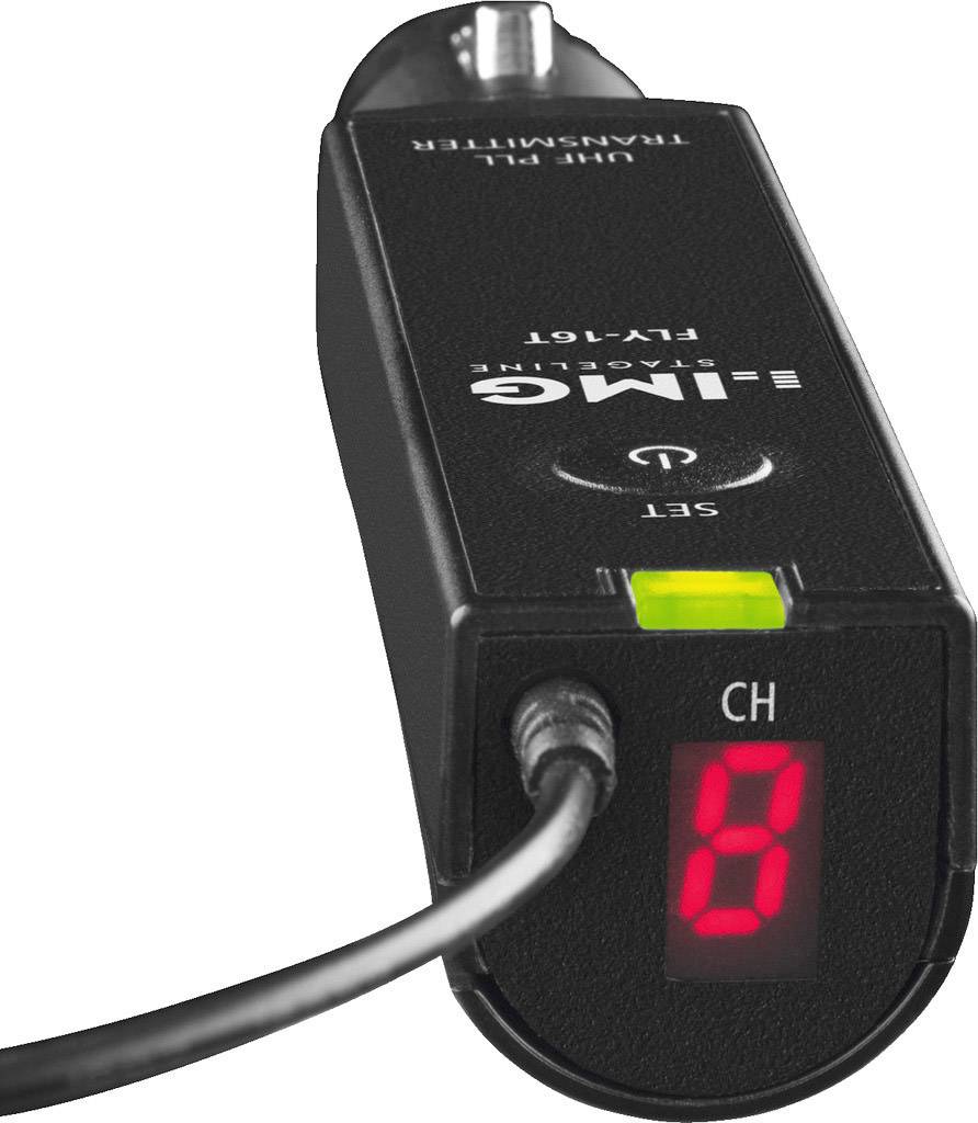 A black wireless microphone receiver with an LED display shows channel number 8. At the top, there are markings for 'SET' and 'ON/OFF'.