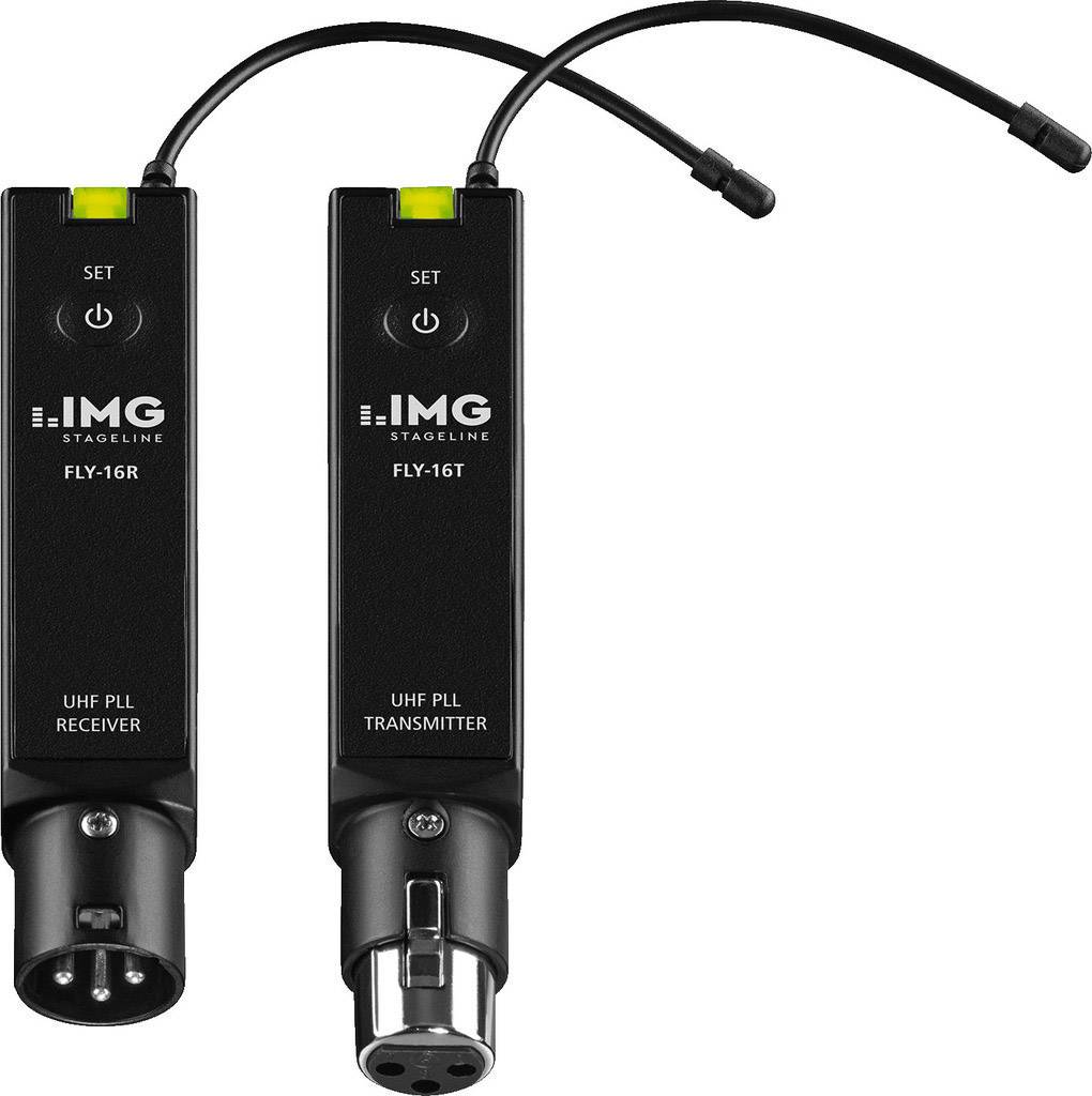 Two black UHF PLL devices, a receiver and a transmitter, each with an antenna and XLR connection, from IMG Stageline.