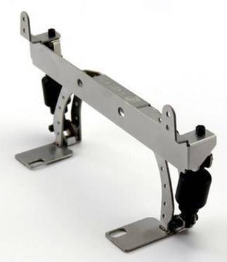 Metal furniture fitting. It shows a hinge mechanism with a robust, adjustable design, likely for folding furniture.