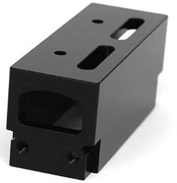 A rectangular metal block with various openings. The block has at least two screw holes on one side.