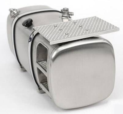 A silver metal silencer with a rectangular shape and two large openings.