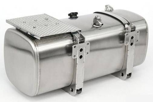 A cylindrical stainless steel tank with secured mounting brackets and a small platform on top, possibly for automotive purposes.