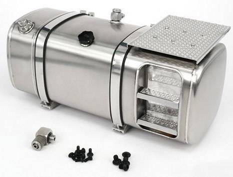 A silver metal tank with a round shape, multiple connections, and a rectangular opening for cleaning. Accessories are lying beside it.