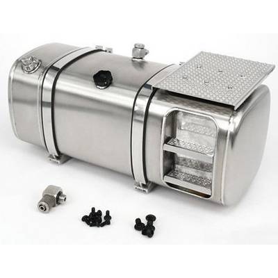 A silver metal tank with a round shape, multiple connections, and a rectangular opening for cleaning. Accessories are lying beside it.