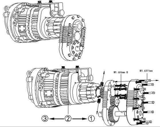 Exploded diagram of an engine with numbered parts and screw details, showing assembly or repair instructions.