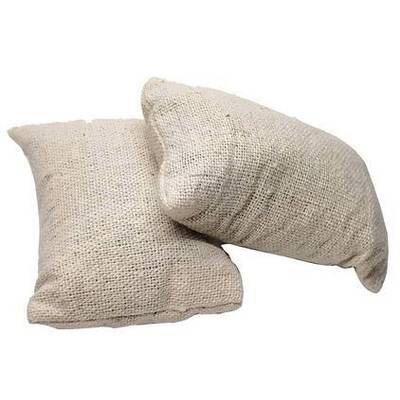 Two small hessian sacks are stacked on top of each other. They are beige and have a coarse texture.