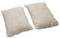 Two rectangular cushions made of coarse, beige fabric are lying side by side on a white surface.