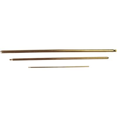 Three brass cylindrical rods of different lengths lie side by side on a white background.