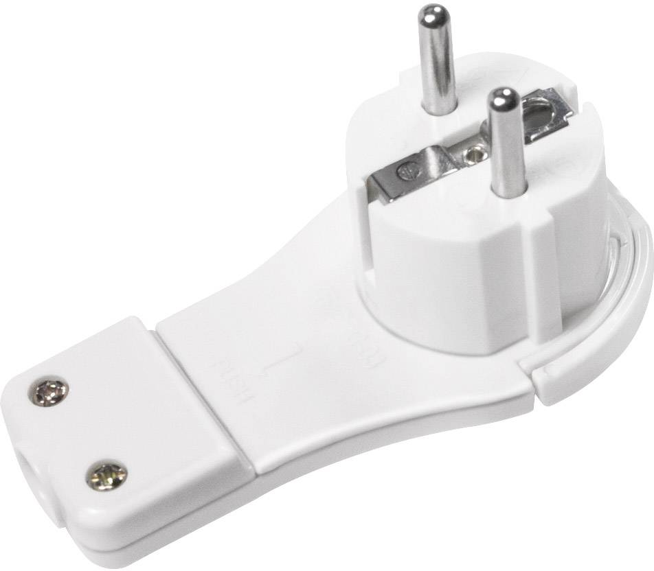 A white, angled Euro plug adapter with two round pins and two screw holes against a white background.
