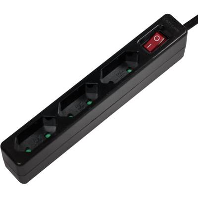 A black power strip with three plug sockets and a red on/off switch.