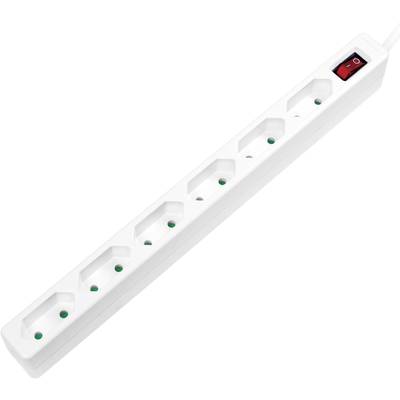 White multi-socket extension lead with six sockets and a red on-off switch, suitable for power distribution in households.