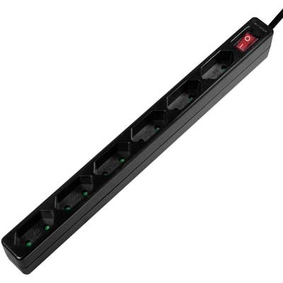 Black power strip with seven outlets and a red power switch.