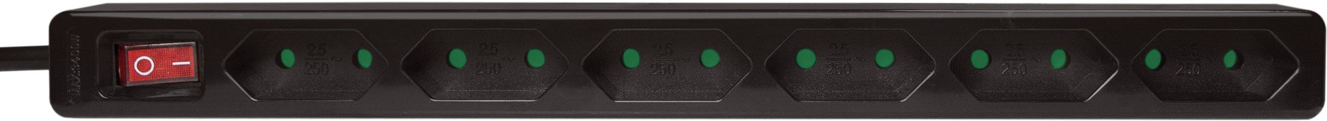 Black power strip with seven socket outlets and a red power switch on the left.