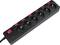 Black power strip with six socket outlets, each with an individual on/off switch. Suitable for connecting multiple devices.