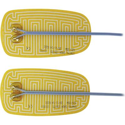 Two yellow heating elements with blue cables, each featuring an intricate circuit pattern.