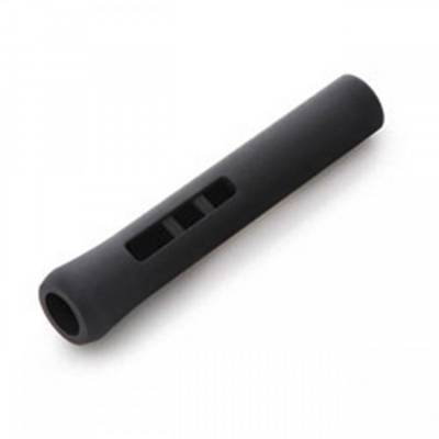 A black cylindrical object with an opening and rectangular cutouts on the side.