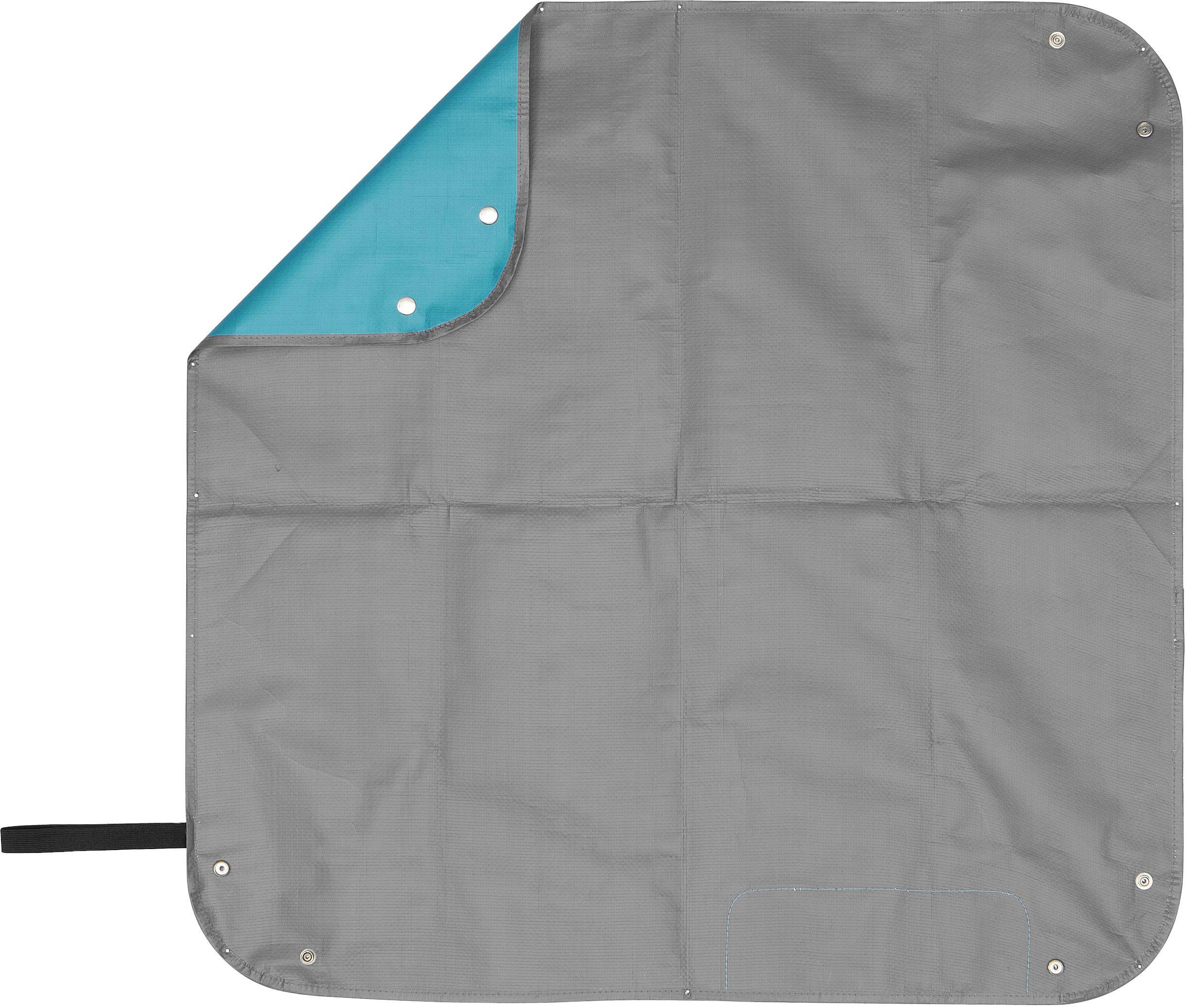 Grey, rectangular picnic blanket with blue inner lining, corners with press studs. Ideal for outdoor activities.