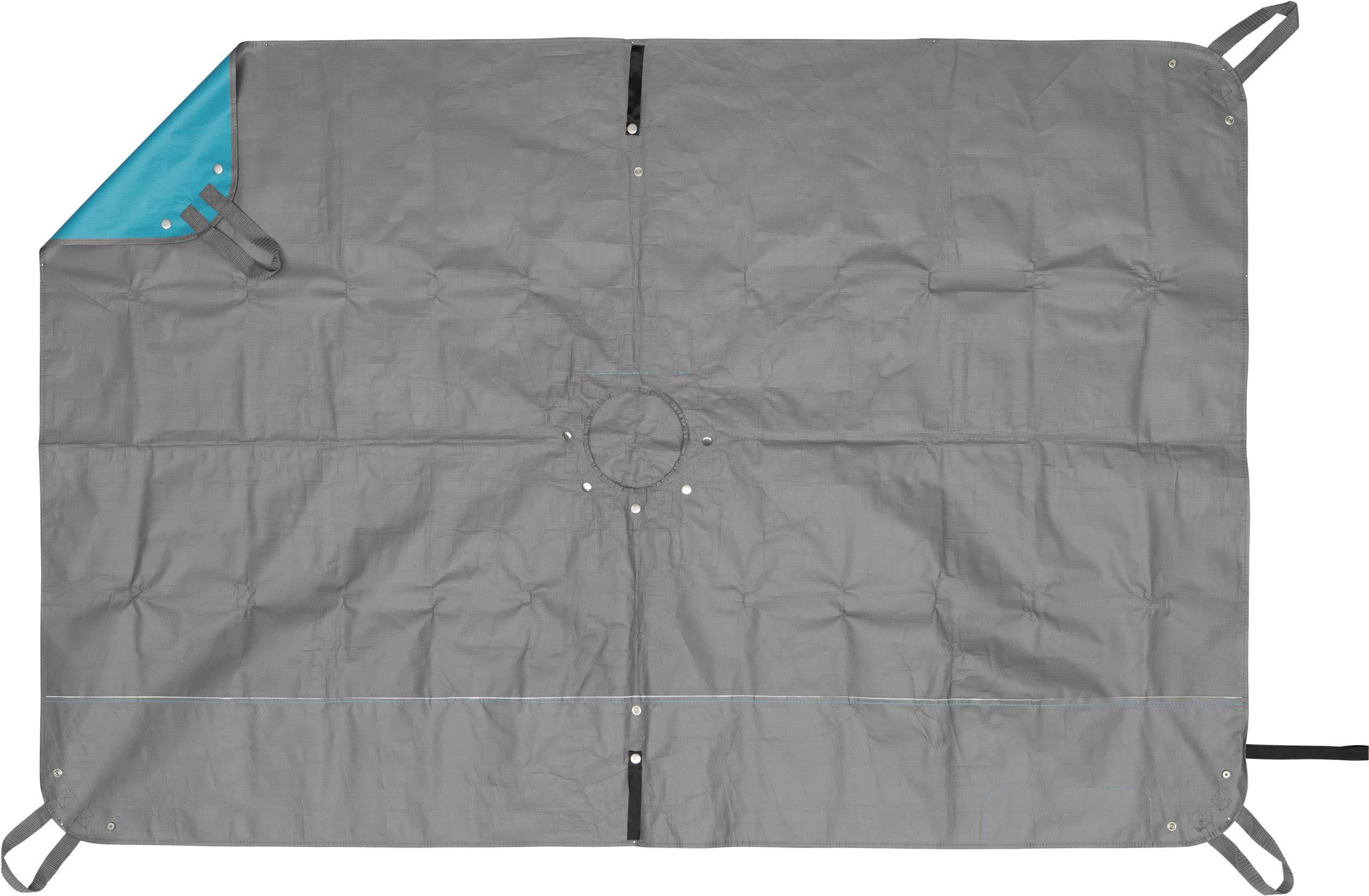 Grey, rectangular cover with a black border, reinforced corners, and manually adjustable straps on the sides.
