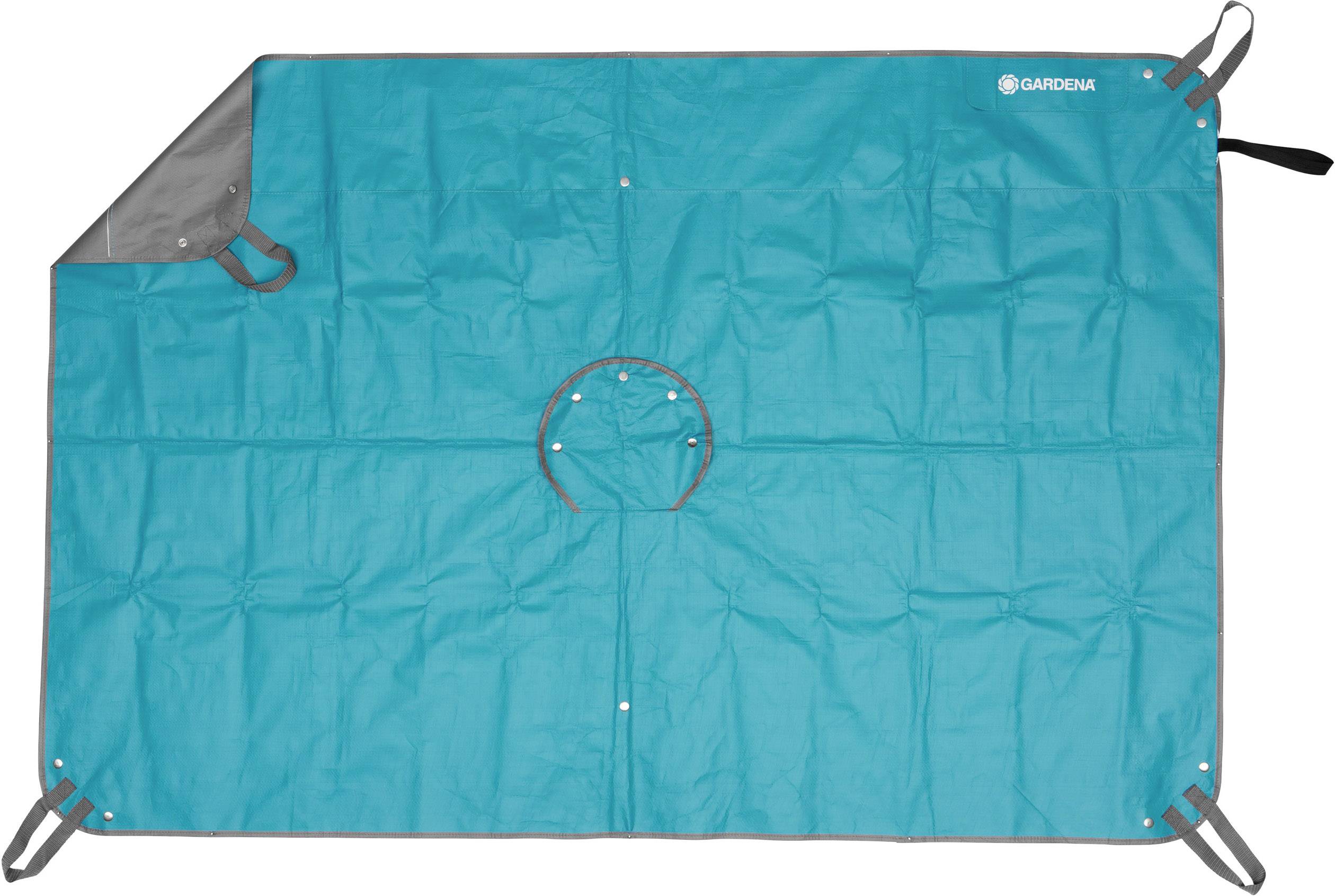 Blue, rectangular tarpaulin with elastic edging at the corners and a circular cut-out in the centre, likely for protection or covering purposes.