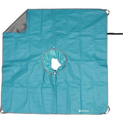 A section of a blue tarpaulin with a small central circle for collecting garden waste, spread out on a brown background.
