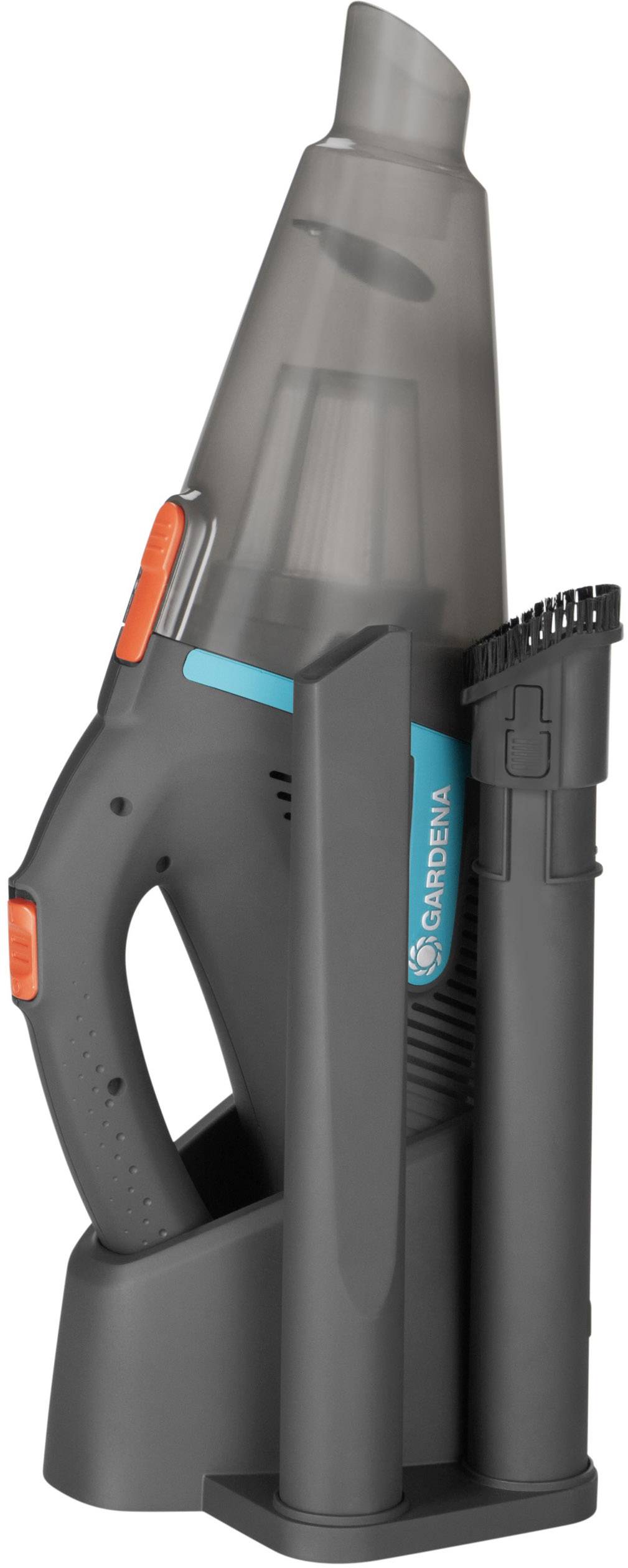 Small handheld vacuum cleaner with a narrow nozzle, suitable for hard-to-reach areas. Stands upright on a holder.