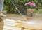 A person is cleaning a wooden decking with a pressure washer. Water is spraying in all directions. Plants are standing in the background.