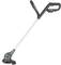 Cordless lawn trimmer with ergonomic handle and interchangeable lithium-ion battery, suitable for light gardening tasks.