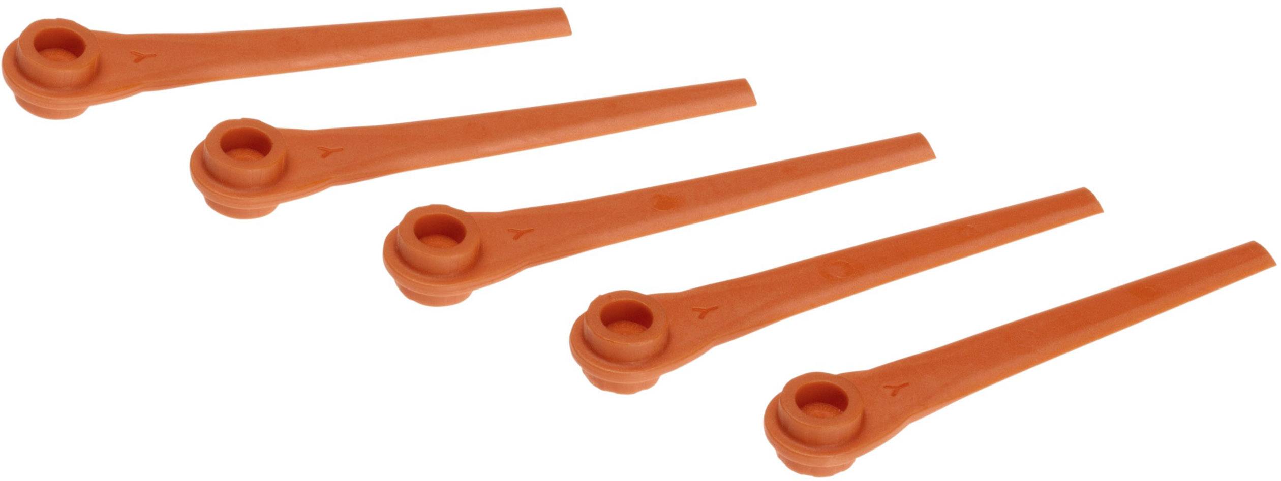 Five orange plastic trimmer blades, lying evenly side by side.