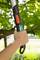 A hand grips a garden tool handle, surrounded by a tree with green leaves in the background.