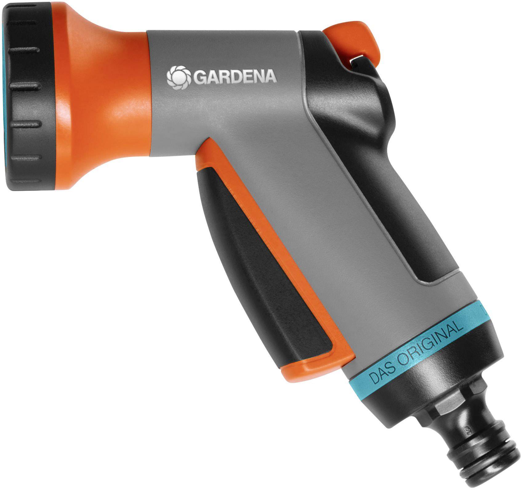 A grey-orange Gardena garden hose spray nozzle with a black handle and blue 'THE ORIGINAL' marking.